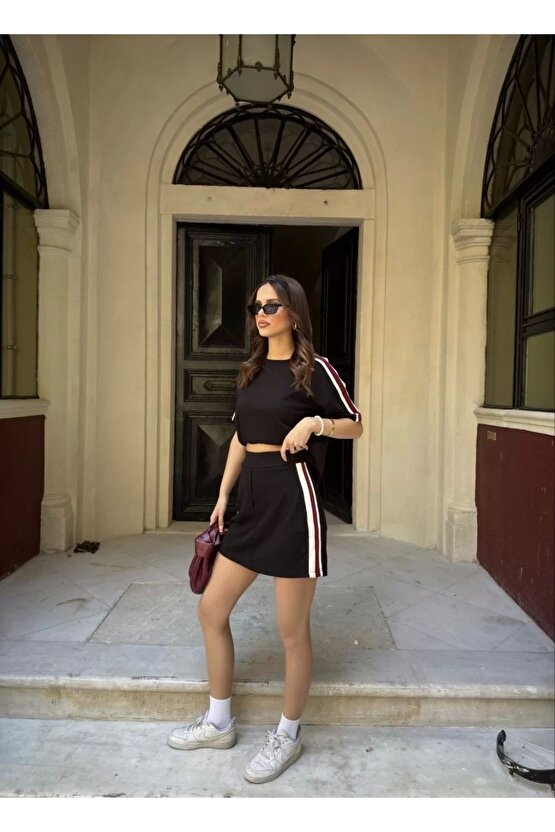 Osy Modal Yumuşak Dokulu Kumaş Parçalı Bisiklet Yaka T-shirt Mini Şortlu Etek İkili Takım - Siyah