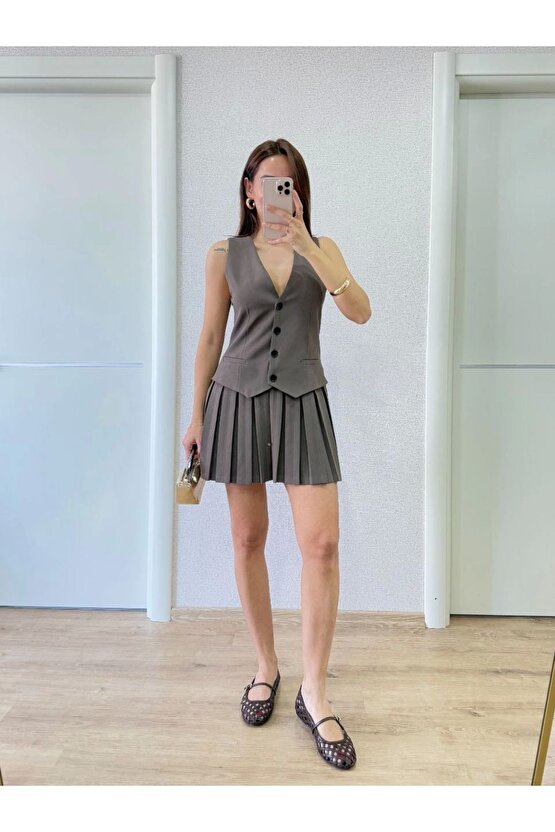 Keten Takım Görünümlü Düğme Detaylı Yelekli Mini Elbise - Füme