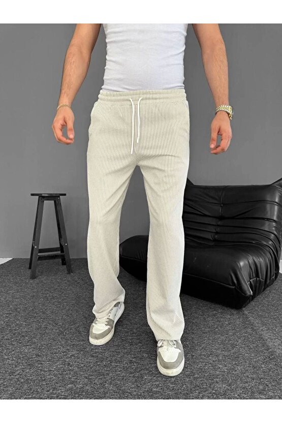Su Yolu Çizgili Cepli Pantalon Yazlık - Bej