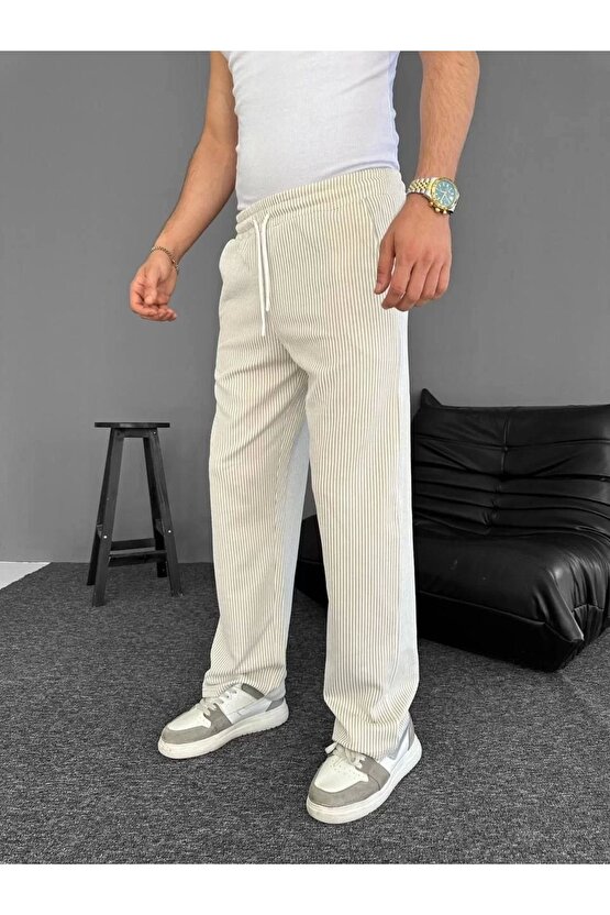 Su Yolu Çizgili Cepli Pantalon Yazlık - Bej