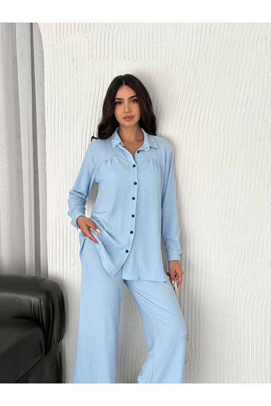 Yakalı Düğmeli Uzun Kollu Gömlek Pantolon Ikili Takım - Bebek Mavisi