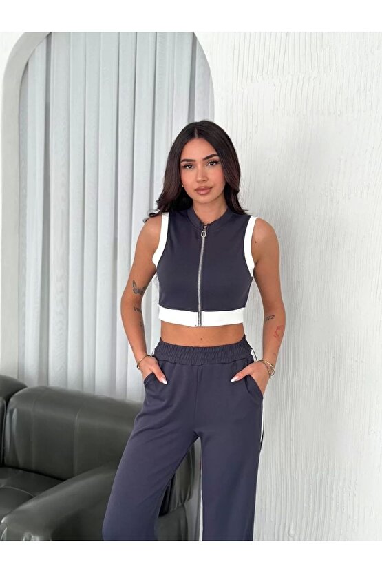 Osy Modal Yumuşak Dokulu Kumaş Tam Fermuarlı Crop Pantalon Ikili Takım - Antrasit