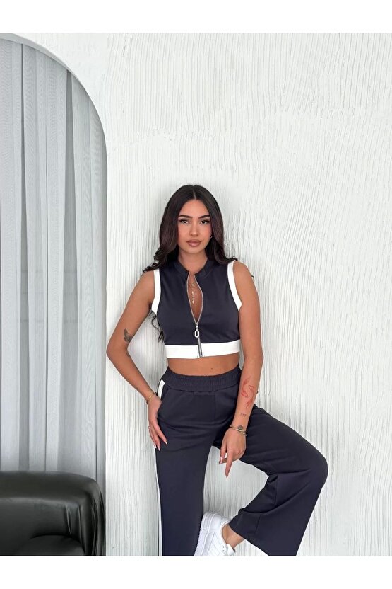 Osy Modal Yumuşak Dokulu Kumaş Tam Fermuarlı Crop Pantalon Ikili Takım - Antrasit