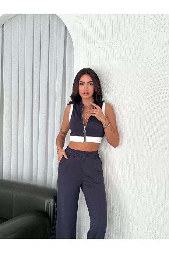Osy Modal Yumuşak Dokulu Kumaş Tam Fermuarlı Crop Pantalon Ikili Takım - Antrasit