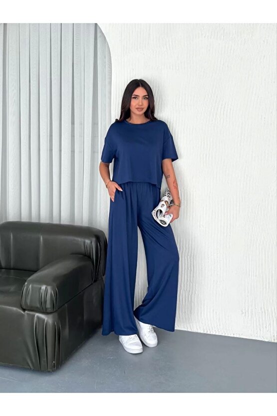 Osy Modal Yumuşak Dokulu Kumaş Bisiklet Yaka T-shirt Bol paça Pantalon ikili Takım -Saks Mavi