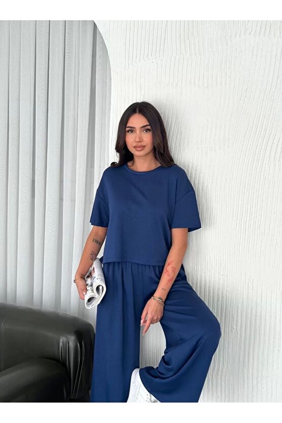 Osy Modal Yumuşak Dokulu Kumaş Bisiklet Yaka T-shirt Bol paça Pantalon ikili Takım -Saks Mavi