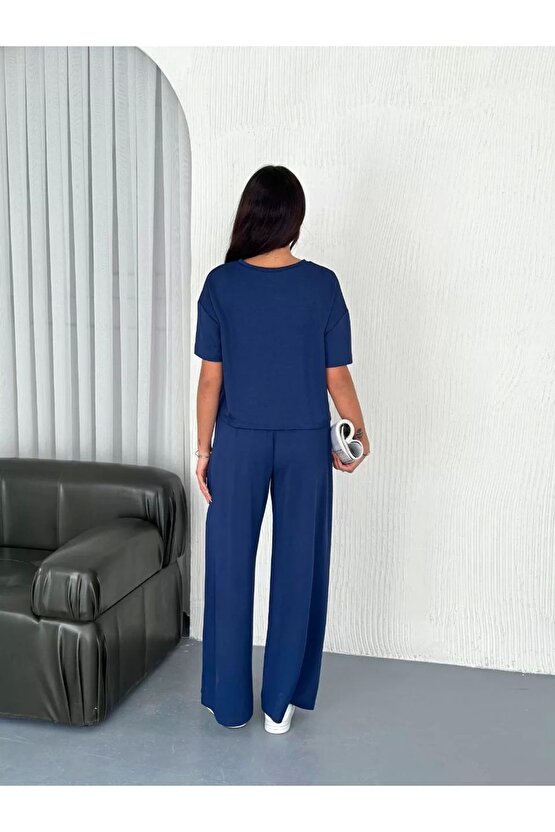 Osy Modal Yumuşak Dokulu Kumaş Bisiklet Yaka T-shirt Bol paça Pantalon ikili Takım -Saks Mavi