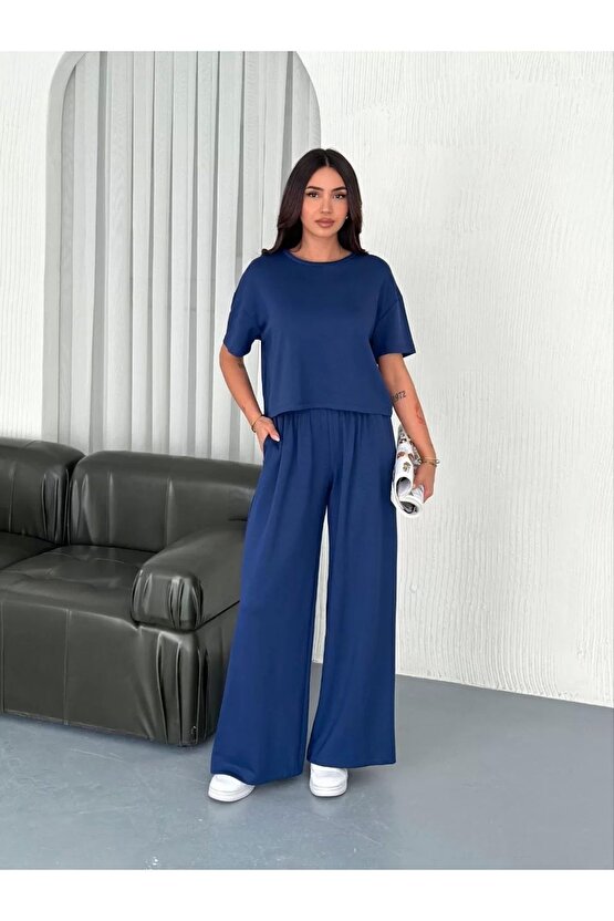 Osy Modal Yumuşak Dokulu Kumaş Bisiklet Yaka T-shirt Bol paça Pantalon ikili Takım -Saks Mavi