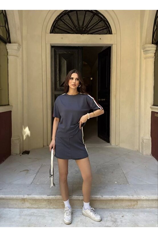 Osy Modal Yumuşak Dokulu Kumaş Kadın Parçalı Bisiklet Yaka T-shirt Mini Şortlu Etek Ikili Takım - Fü