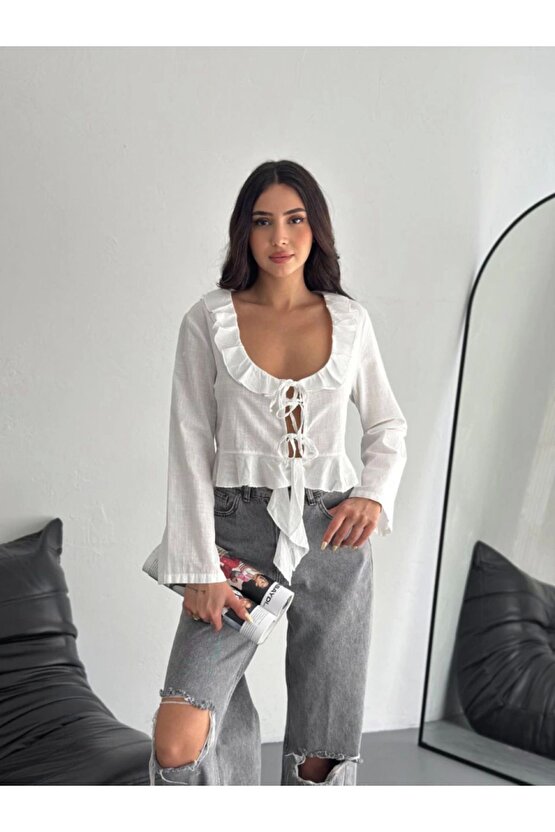 Shop & Butik Keten Uzun Kol Bağacık Detaylı Bluz - Beyaz