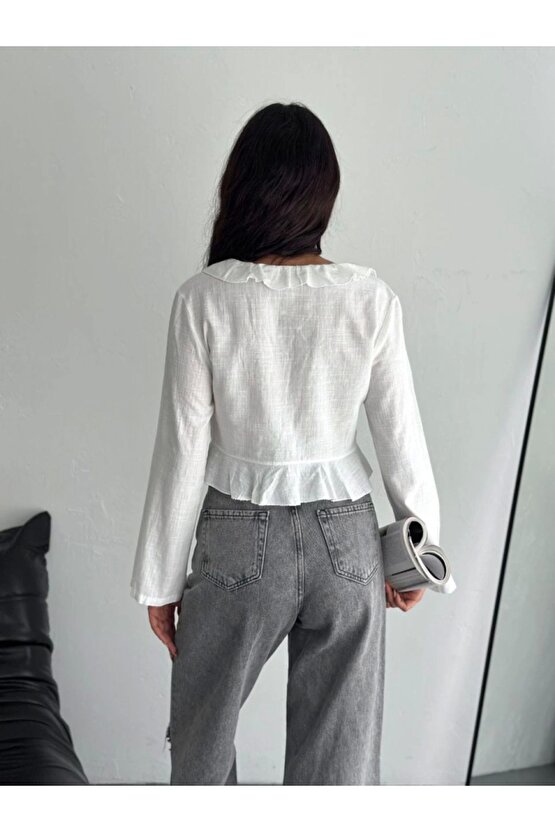 Shop & Butik Keten Uzun Kol Bağacık Detaylı Bluz - Beyaz