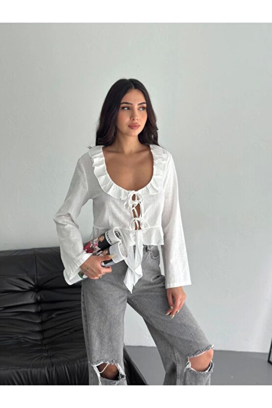 Shop & Butik Keten Uzun Kol Bağacık Detaylı Bluz - Beyaz