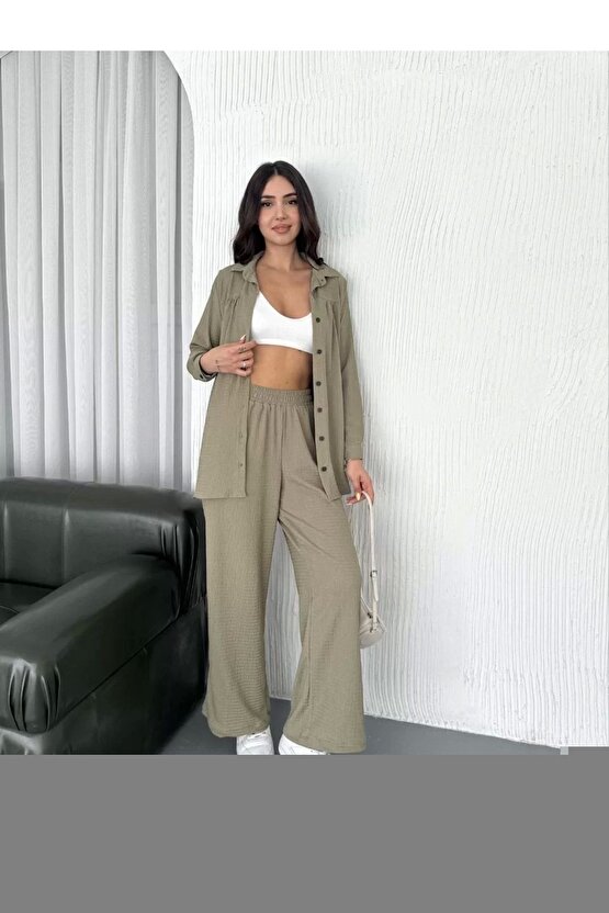 eyesof Yakalı Düğmeli Uzun Kollu Gömlek Pantolon Ikili Takım - Bej