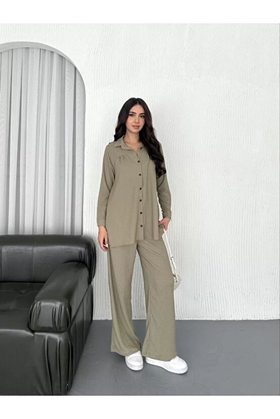 eyesof Yakalı Düğmeli Uzun Kollu Gömlek Pantolon Ikili Takım - Bej