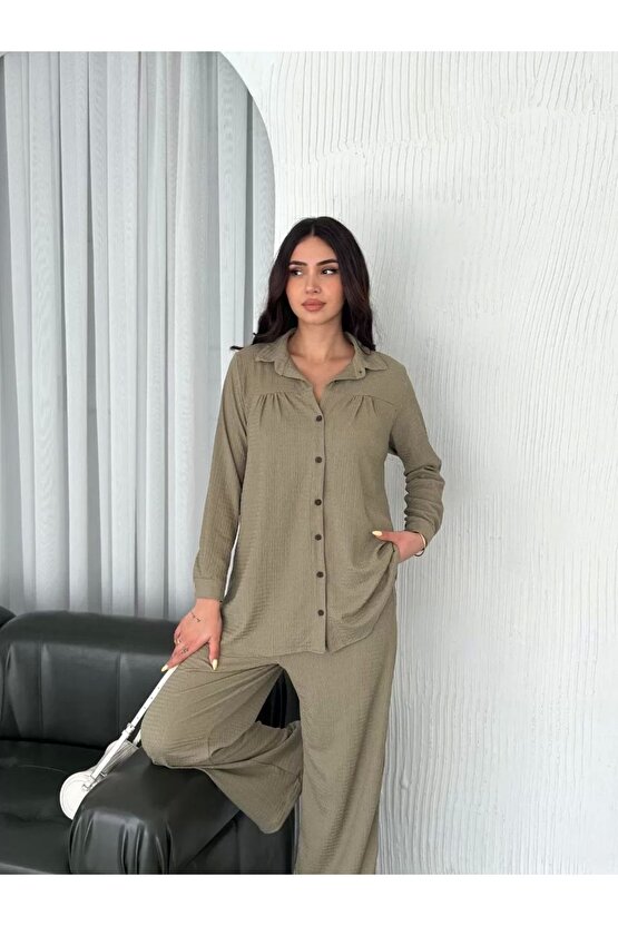 Yakalı Düğmeli Uzun Kollu Gömlek Pantolon Ikili Takım - Bej