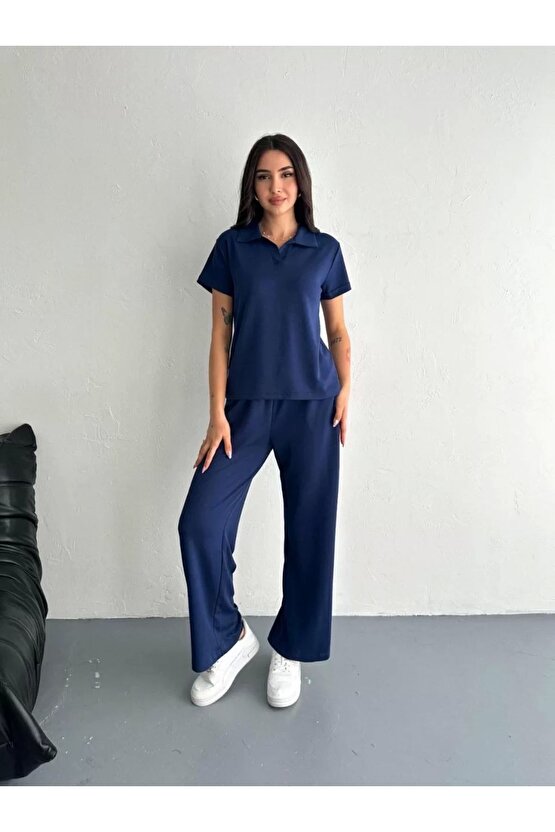 Osy Modal Yumuşak Dokulu Kumaş Kısa Kollu Yakalı T-shirt Pantalon ikili Takım- Lacivert