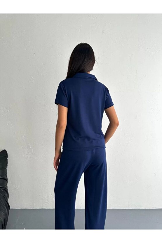 Osy Modal Yumuşak Dokulu Kumaş Kısa Kollu Yakalı T-shirt Pantalon ikili Takım- Lacivert