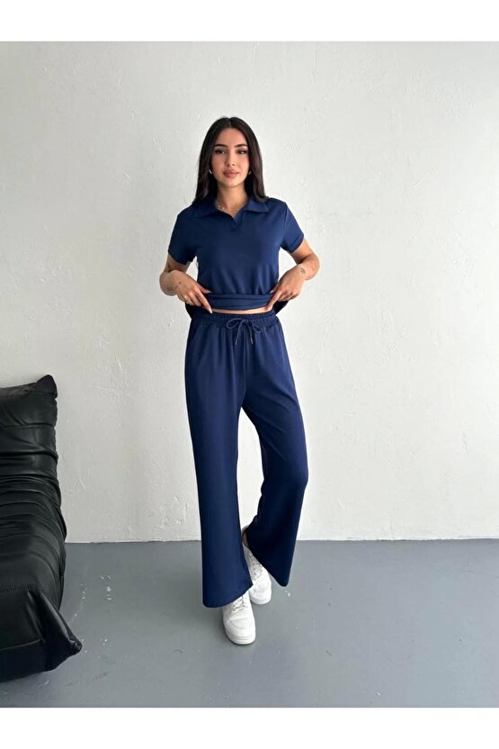 Osy Modal Yumuşak Dokulu Kumaş Kısa Kollu Yakalı T-shirt Pantalon ikili Takım- Lacivert