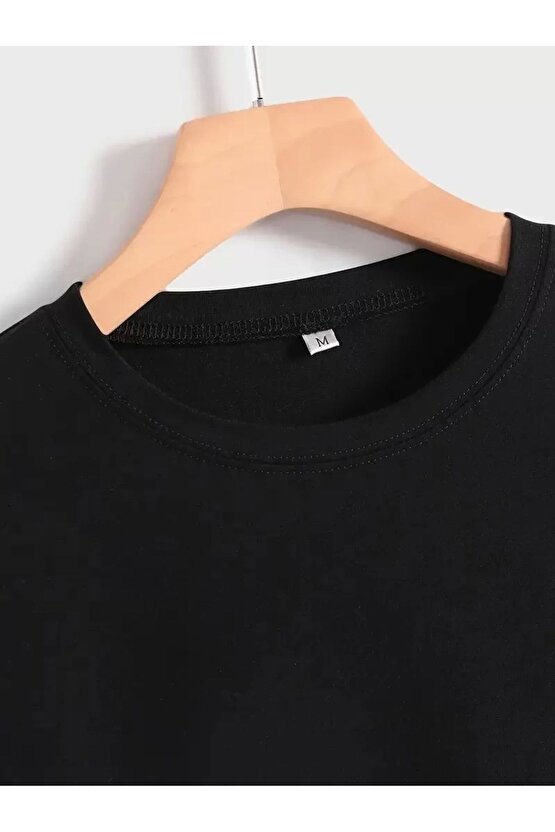 201 Penye Compack Baskılı Oversize Kısa Kol Bisiklet Yaka T-shirt - Siyah