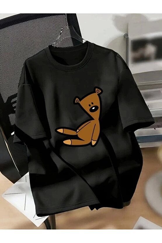 201 Penye Compack Ayı Baskılı Oversize Bisiklet Yaka Kısa Kol T-shirt - Siyah