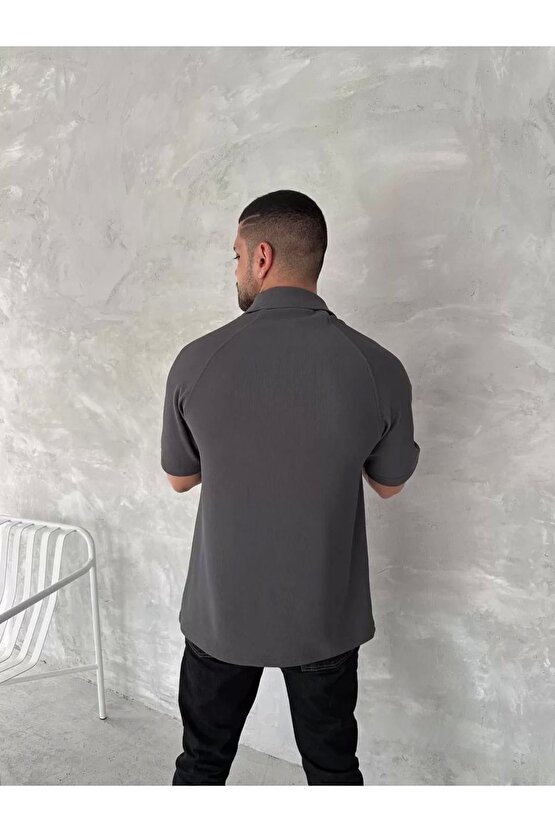 Yakalı Patlı Kısa Kol T-shirt - Antrasit