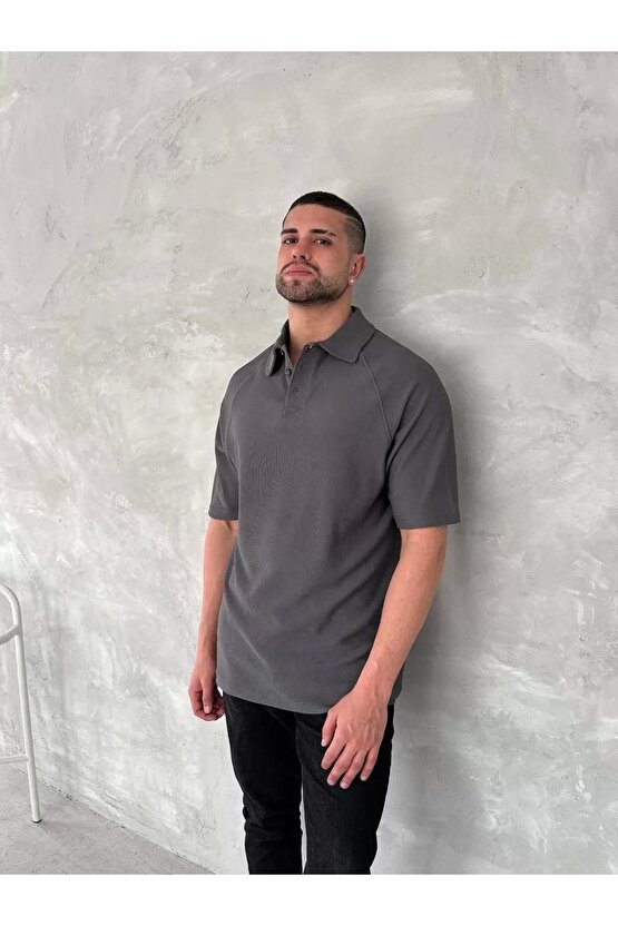 Yakalı Patlı Kısa Kol T-shirt - Antrasit