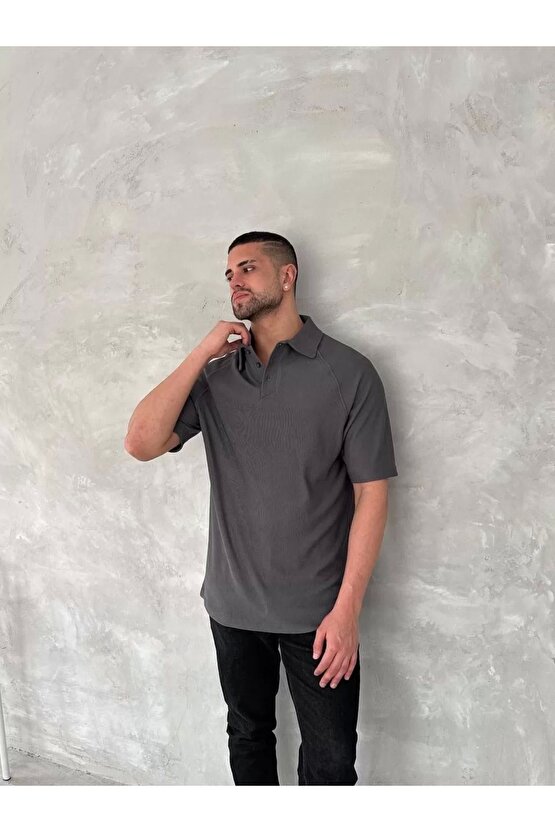 Yakalı Patlı Kısa Kol T-shirt - Antrasit