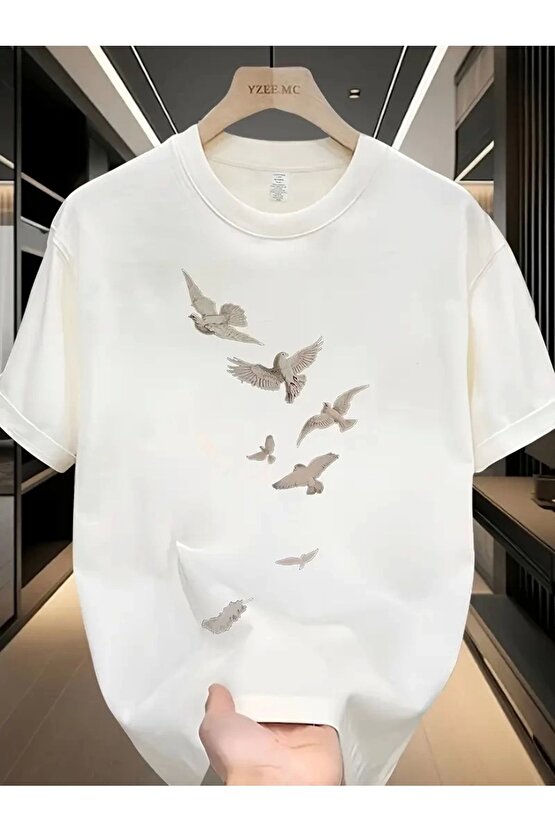 201 Penye Compack Özgür kuşlar Baskılı Oversize Bisiklet Yaka T-shirt - Beyaz