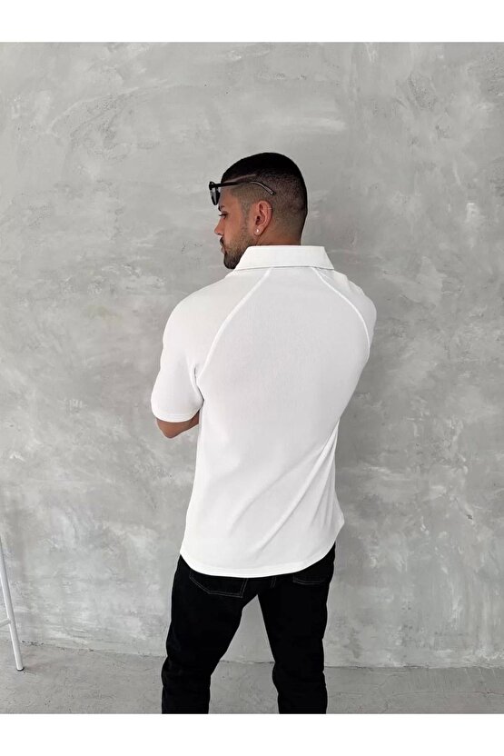 Yakalı Patlı Kısa Kol T-shirt - Beyaz