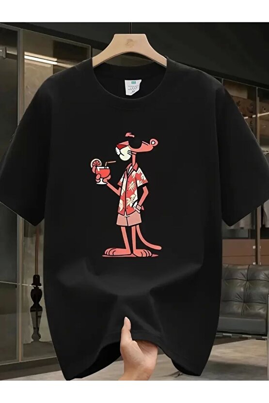 Pembe Panter Baskılı Erkek Oversize Günlük Kısa Kollu Tişört İlkbahar ve Yaz için Mükemmeldir - Siya
