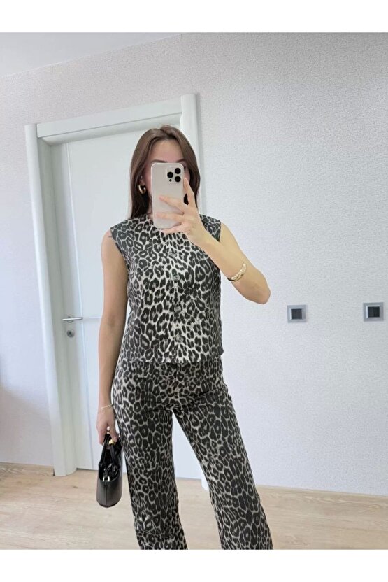 Leopar Desenli Düğmeli Bluzlu Pantolon Ikili Takım -leopar