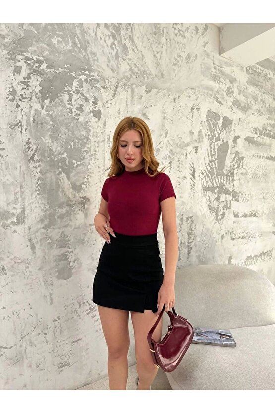 Kadın Kısa Kol Badi Bluz - Bordo
