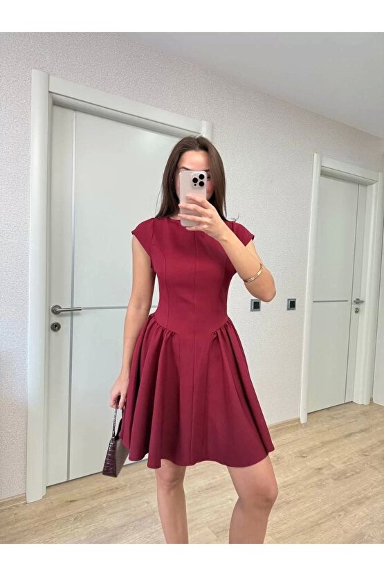 Sırt dekolteli Çan Detaylı Mini Elbise - Bordo