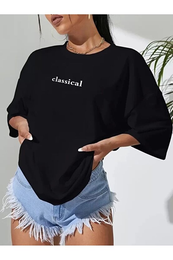 201 Penye Compack Classical Baskılı Siyah Oversize Tişort - Siyah