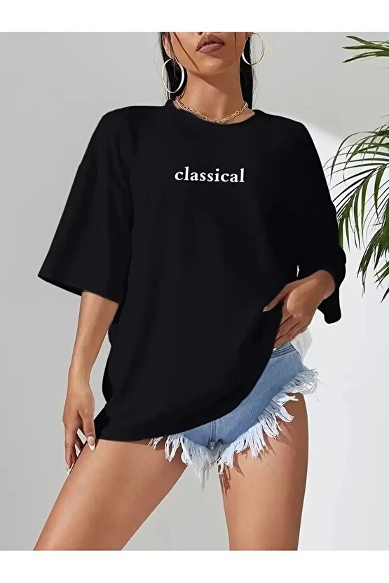 201 Penye Compack Classical Baskılı Siyah Oversize Tişort - Siyah