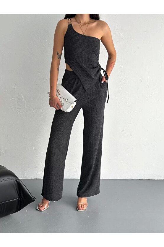 Asimetrik Crop Pantalon Ikili Takım - Füme
