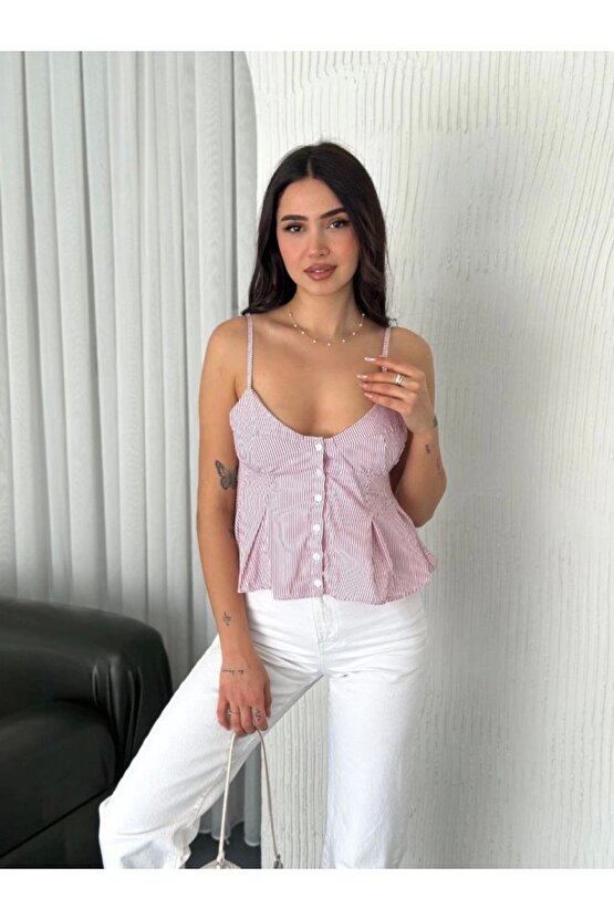 Moda Shop & Butik Askılı Dekolte Deraylı Crop - Kırmızı