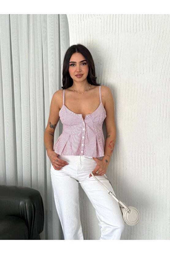 Moda Shop & Butik Askılı Dekolte Deraylı Crop - Kırmızı