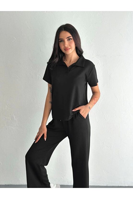 Modavera Osy Modal Yumuşak Dokulu Kumaş Kısa Kollu Yakalı T-shirt Pantalon Ikili Takım- Siyah