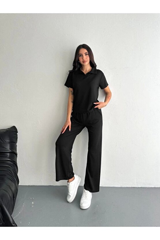 Modavera Osy Modal Yumuşak Dokulu Kumaş Kısa Kollu Yakalı T-shirt Pantalon Ikili Takım- Siyah