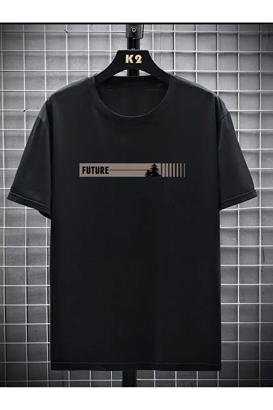 201 Penye Compack FUTRE Baskılı Oversize Kısa Kol Bisiklet Yaka T-shirt - Siyah