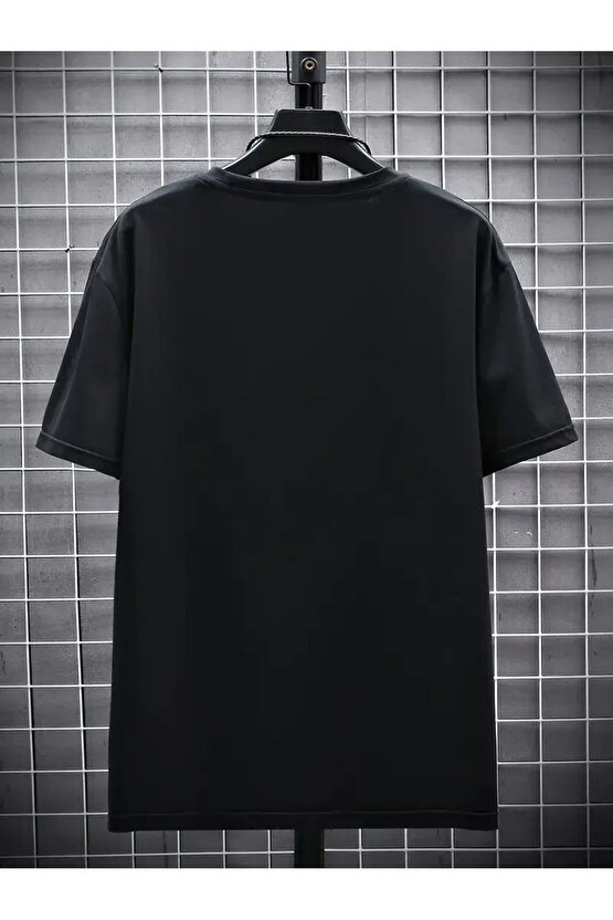 201 Penye Compack FUTRE Baskılı Oversize Kısa Kol Bisiklet Yaka T-shirt - Siyah