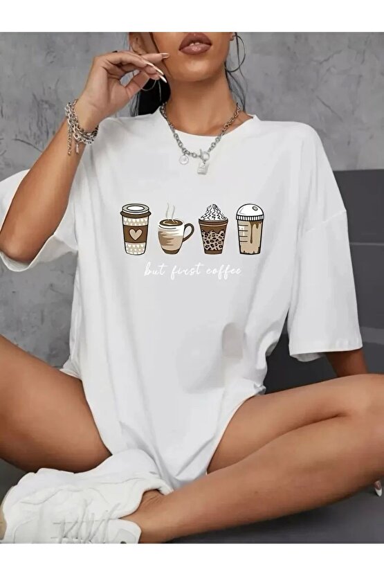 201 Penye Compack Baskılı Oversize Kahve Desenli Kadın Kısa Kol T-shirt - Beyaz