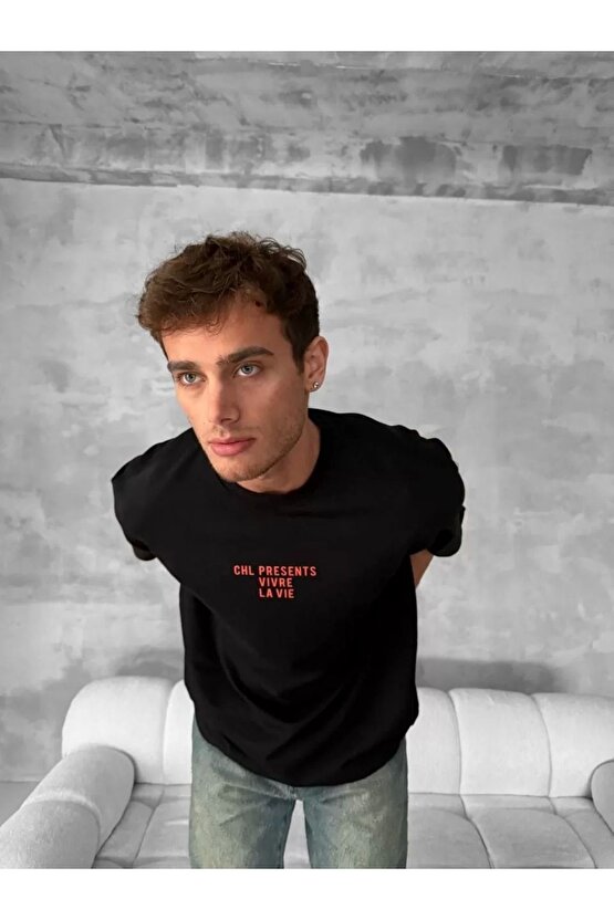 Ön ve Arka Baskılı Oversize Bisiklet Yaka T-shirt- Siyah