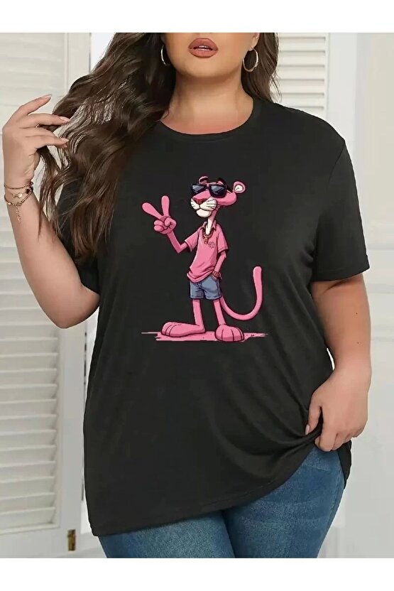 201 Penye Compack Pembe Panter Baskılı Oversize Bisiklet Yaka Kısa Kol Yazlık T-shirt - Beyaz