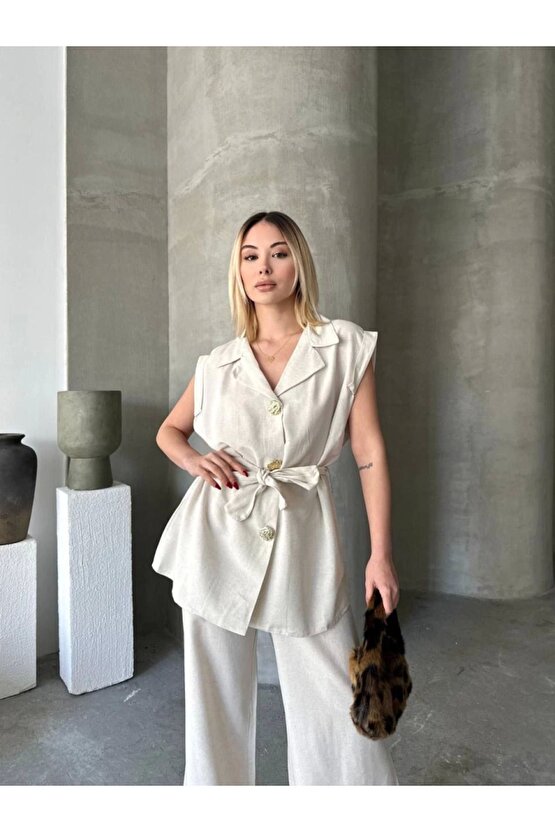Moda Shop & Butik Keten Sıfır Kol Kuşaklı Ceket Pantolon Ikili Takım - Beyaz