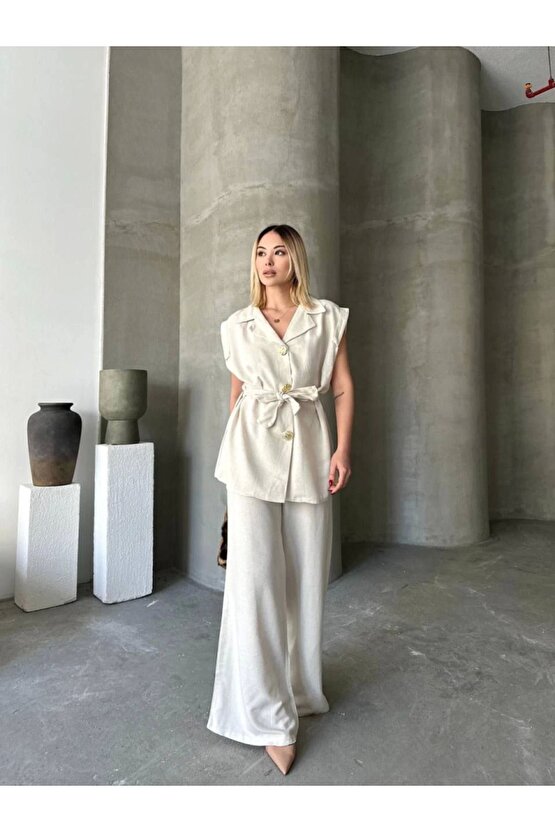 Moda Shop & Butik Keten Sıfır Kol Kuşaklı Ceket Pantolon Ikili Takım - Beyaz