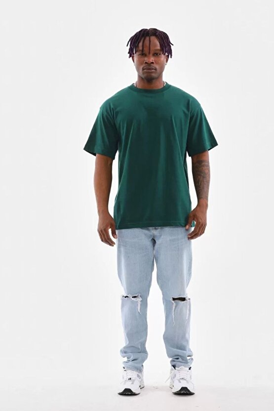 Unisex Oversize Düz Bisiklet Yaka T-shirt - Koyu Yeşili