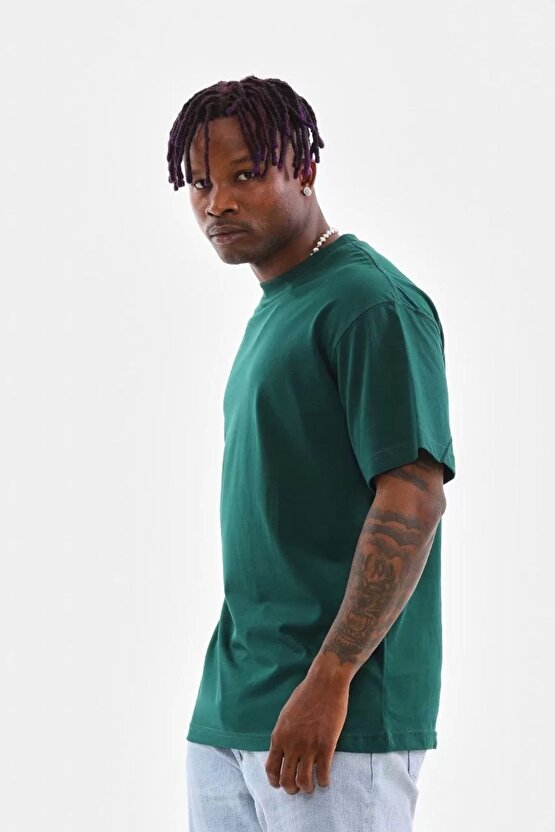 Unisex Oversize Düz Bisiklet Yaka T-shirt - Koyu Yeşili
