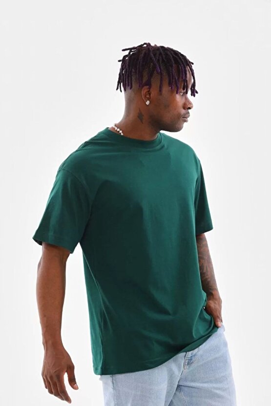Unisex Oversize Düz Bisiklet Yaka T-shirt - Koyu Yeşili